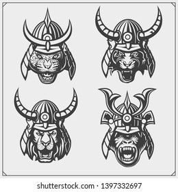 Set of samurai warrior masks with lion, tiger, panther and gorilla. Japanese warrior emblems, labels, badges and design elements. Print design for t-shirt.