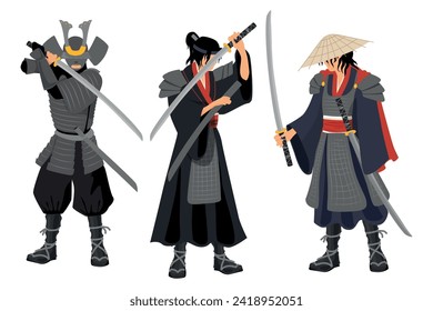 Set of samurai warriors in cartoon style. Vector illustration of traditional Japanese samurai warriors in different poses and emotions with swords isolated on white background.