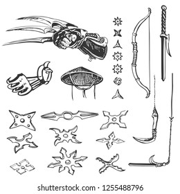 A set of samurai weapons, ninja. Graphic sketch