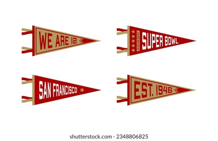 Set of San Francisco football team pennants. Vintage hand drawn wanderlust style. Isolated on white background. Good for t shirt, mug, other identity. Vector illustration.