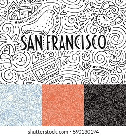 Set of San Fransisco banner and three seamless backgrounds.