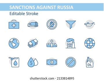 Set of Sanctions against Russia war Ukraine 2022. Stop WAR. Editable Stroke. 32x32 pixels.