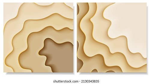 Set of sand background with wavy pattern and gold lines. Abstract beach, desert, coast texture in light beige color. 3d effect design illustration. Vector eps 10