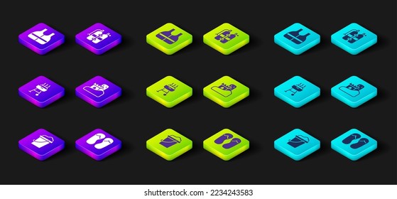 Set Sand in bucket, Flip flops, Barbecue grill, castle, Aqualung and Life jacket icon. Vector