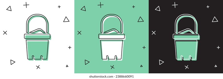 Set Sand in bucket icon isolated on white and green, black background. Plastic kid toy. Summer icon.  Vector