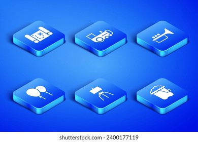 Set Sand in bucket, Pirate treasure map, Wood easel, Balloons, Toy train and Trumpet icon. Vector