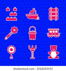 Set Sand in bucket, Rake toy, Teddy bear plush, Passenger train cars, Rattle baby, Magic wand, Toy railway and building block bricks icon. Vector