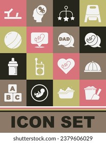 Set Sand in bucket with shovel, Baby hat, crib hanging toys, Beach ball, shoes and Speech bubble dad icon. Vector