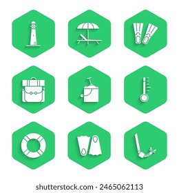 Set Sand in bucket with shovel, Rubber flippers, Snorkel, Meteorology thermometer, Lifebuoy, Hiking backpack,  and Lighthouse icon. Vector