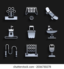 Arena en balde, Tic tac toe game, Trash can, Swing boat, Jump rope, tower, Skateboard trick. Vector