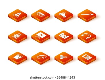Set Sand in bucket, Toy horse, Robot toy, Smart Tv, Dart arrow, Pirate treasure map, Circus ticket and Headphones icon. Vector