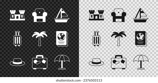 Set Sand castle, Armchair, Yacht sailboat, Man hat with ribbon, Suitcase, Sun protective umbrella,  and Tropical palm tree icon. Vector