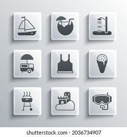 Set Sand castle, Diving mask, Ice cream waffle cone, Sleeveless T-shirt, Barbecue grill, Fast street food cart, Yacht sailboat and Beach shower icon. Vector