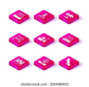 Set Sand castle, Ferris wheel, Double swing, Sandbox with sand, Skateboard trick, Bungee, Swing car and Rocket ship icon. Vector