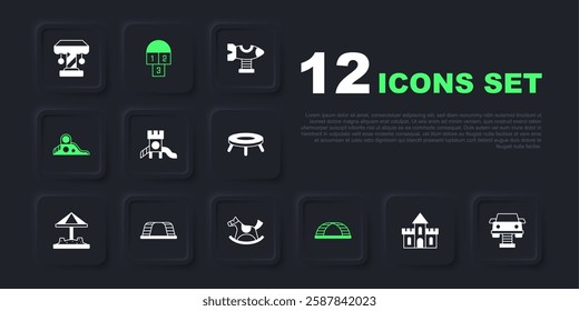 Set Sand castle, Swing car, Slide playground, Monkey bar, Hopscotch and Horse saddle swing icon. Vector