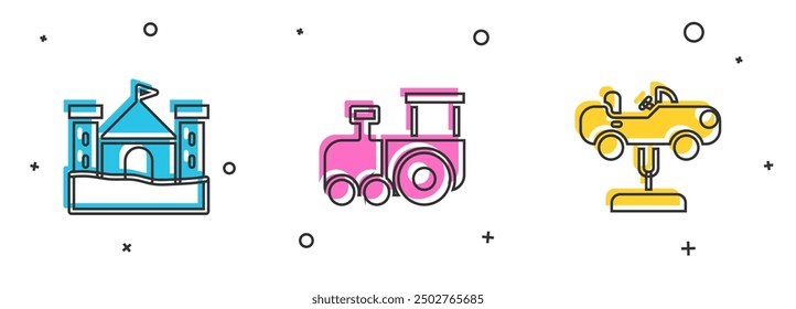 Set Sand castle, Toy train and Swing car icon. Vector