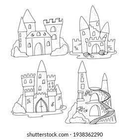 Establezca la ilustración del vector del castillo de arena aislado en el fondo blanco. Ilustración sencilla para el libro de coloreado