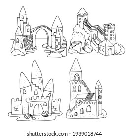Set Sand castle Vector illustration isolated on white background. Simple illustration for coloring book
