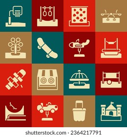 Set Sand castle, Volleyball net with ball, Bungee, Climbing wall, Skateboard trick, Ferris wheel, Basketball backboard and Swing plane icon. Vector