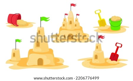 Set of sand castles in cartoon style. Vector illustration of fun in the sand with shovel and bucket, building construction on white background.