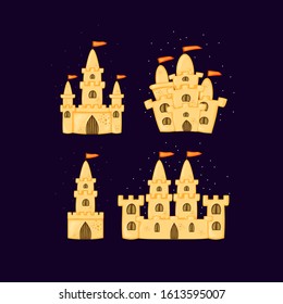Set of sand castles of different shapes. Summer cartoon collection in vector