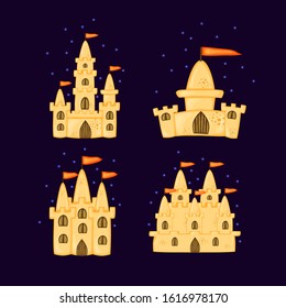 Set of sand castles of different shapes. Summer cartoon collection in vector