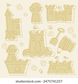 Set with sand castles. Doodles clip art in pastel colors.