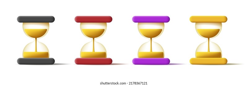 Juego de iconos de reloj de arena 3d en diferentes colores. Ilustración del vector