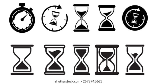 set of sand clock illustrations with varying frames and sand amounts. Hourglass shapes in multiple variations. Vector icon set of hourglasses with falling sand.