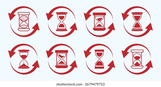 Conjunto de ilustraciones de reloj de arena con diferentes marcos y cantidades de arena. Formas de reloj de arena en múltiples variaciones. Icono de Vector conjunto de relojes de arena con arena que cae. Elementos de Diseño gráfico de Vector plano. 