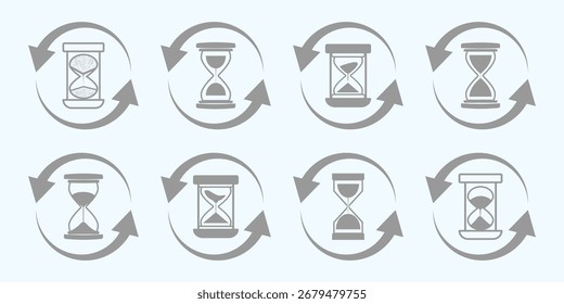 Conjunto de ilustraciones de reloj de arena con diferentes marcos y cantidades de arena. Formas de reloj de arena en múltiples variaciones. Icono de Vector conjunto de relojes de arena con arena que cae. Elementos de Diseño gráfico de Vector plano. 
