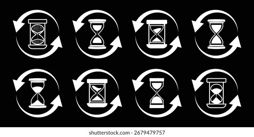 Conjunto de ilustraciones de reloj de arena con diferentes marcos y cantidades de arena. Formas de reloj de arena en múltiples variaciones. Icono de Vector conjunto de relojes de arena con arena que cae. Elementos de Diseño gráfico de Vector plano. 