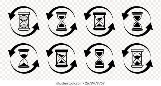 Conjunto de ilustraciones de reloj de arena con diferentes marcos y cantidades de arena. Formas de reloj de arena en múltiples variaciones. Icono de Vector conjunto de relojes de arena con arena que cae. Elementos de Diseño gráfico de Vector plano. 