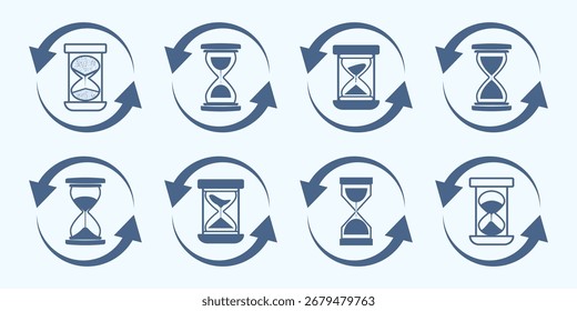 Conjunto de ilustraciones de reloj de arena con diferentes marcos y cantidades de arena. Formas de reloj de arena en múltiples variaciones. Icono de Vector conjunto de relojes de arena con arena que cae. Elementos de Diseño gráfico de Vector plano. 
