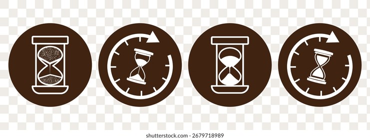 Conjunto de ilustraciones de reloj de arena con diferentes marcos y cantidades de arena. Formas de reloj de arena en múltiples variaciones. Icono de Vector conjunto de relojes de arena con arena que cae. Conjunto de iconos de reloj de arena. Símbolo de reloj de arena. 