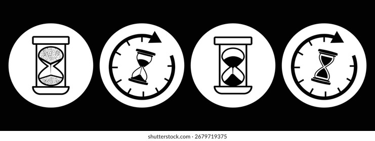 Conjunto de ilustraciones de reloj de arena con diferentes marcos y cantidades de arena. Formas de reloj de arena en múltiples variaciones. Icono de Vector conjunto de relojes de arena con arena que cae. Conjunto de iconos de reloj de arena. Símbolo de reloj de arena. 