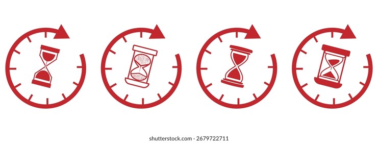 Conjunto de ilustraciones de reloj de arena con diferentes marcos y cantidades de arena. Concepto de tiempo de espera, medición de tiempo, fecha límite. Vector, ilustración aislada. eps 10