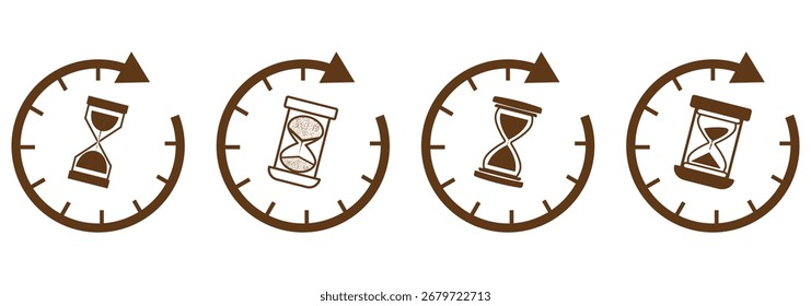 Conjunto de ilustraciones de reloj de arena con diferentes marcos y cantidades de arena. Concepto de tiempo de espera, medición de tiempo, fecha límite. Vector, ilustración aislada. eps 10