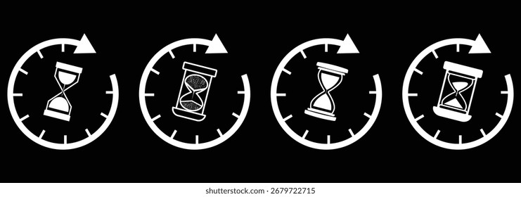 Conjunto de ilustraciones de reloj de arena con diferentes marcos y cantidades de arena. Concepto de tiempo de espera, medición de tiempo, fecha límite. Vector, ilustración aislada. eps 10