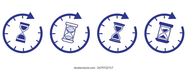 Conjunto de ilustraciones de reloj de arena con diferentes marcos y cantidades de arena. Concepto de tiempo de espera, medición de tiempo, fecha límite. Vector, ilustración aislada. eps 10