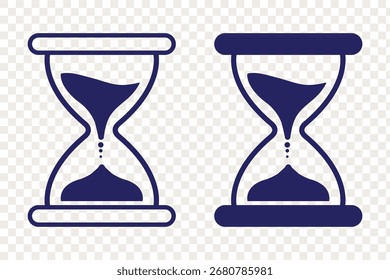 Satz von Sanduhr-Illustrationen mit unterschiedlichen Rahmen und Sandmengen. Sanduhrformen in mehreren Variationen. Vektorsymbol Satz von Sanduhren mit fallendem Sand. Vektorgrafik