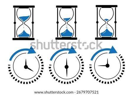 set of sand clock illustrations with varying frames and sand amounts. Hourglass shapes in multiple variations. Vector icon set of hourglasses with falling sand