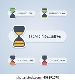 Set of sand clock loading progress bars. From 0 to 100 percents. Vector illustration in flat style.