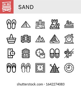 Set of sand icons. Such as Lifeguard tower, Flip flops, Pyramids, Sand castle, Yacht, Beach bag, Timer, Pyramid, Clock, Cuckoo clock, Slippers, Construction , sand icons