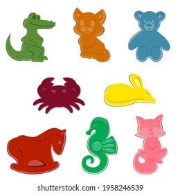 A set of sand molds. Molds in the form of animals, toys for children. Crocodile cat crab mouse bear seahorse mouse. Vector isolated on a white background