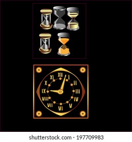 Set of sand and some mechanical watches on a black background
