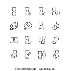 Set of sand watch related icons, time period, costs, waiting, measurment and linear variety vectors.