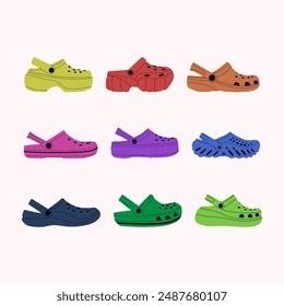 Set of sandals in various shapes and colors. Trendy vector illustration.