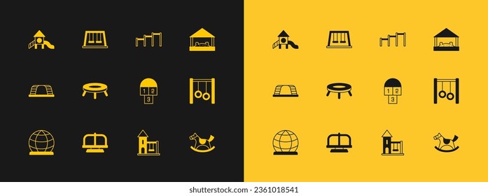 Set Sandbox with sand, Attraction carousel, Hopscotch, Swing for kids, Jumping trampoline, Sport horizontal bar, Slide playground and Swings icon. Vector