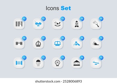 Definir Sandbox com areia, Carrossel de atração, Swing, Educação jogo de lógica, Seesaw, Slide playground, parede sueca e ícone. Vetor